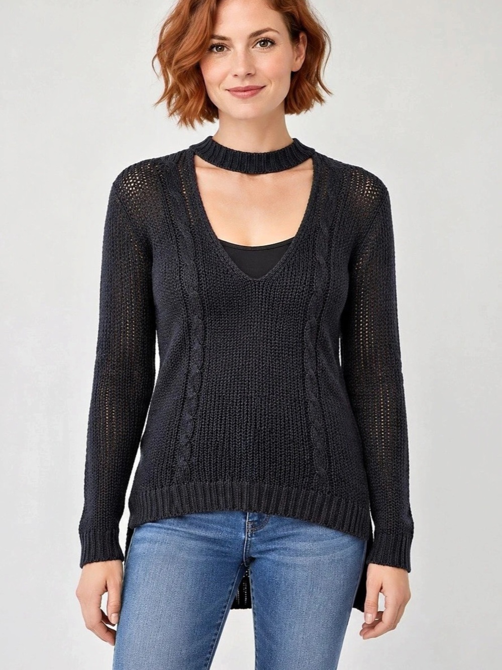 RD Style Choker Neck Open Knit High Low Sweater XS
